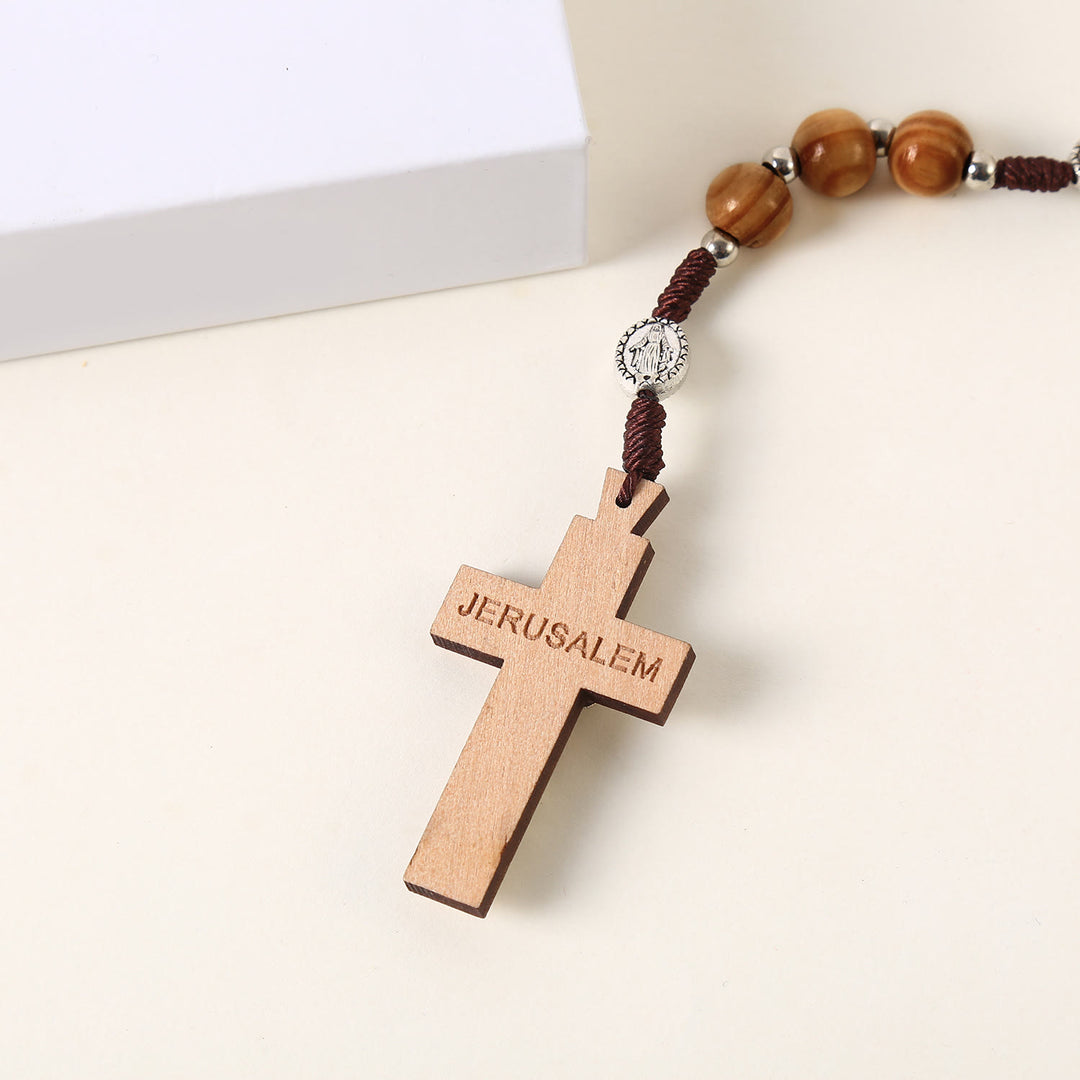 Christianartworkshop Miraculous Medal & St. Benedict Medal & Crucifix of 10 mm Round Brown Wood Nylon Cord Rosary - image 5