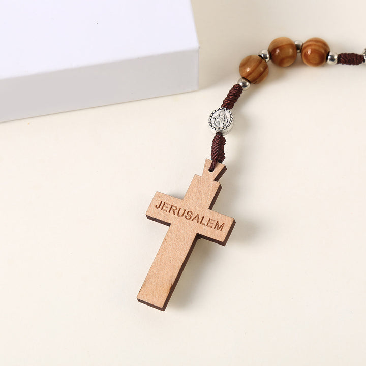Christianartworkshop Miraculous Medal & St. Benedict Medal & Crucifix of 10 mm Round Brown Wood Nylon Cord Rosary - image 5