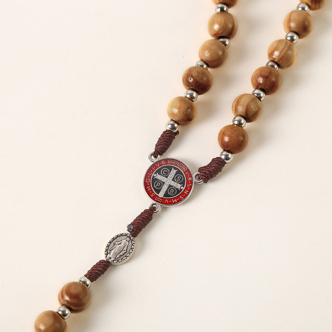Christianartworkshop Miraculous Medal & St. Benedict Medal & Crucifix of 10 mm Round Brown Wood Nylon Cord Rosary - image 6