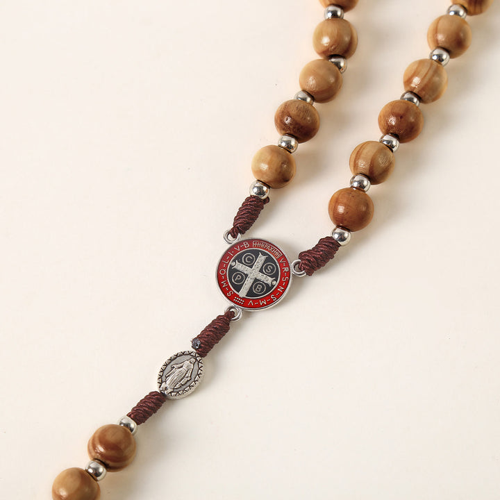 Christianartworkshop Miraculous Medal & St. Benedict Medal & Crucifix of 10 mm Round Brown Wood Nylon Cord Rosary - image 6