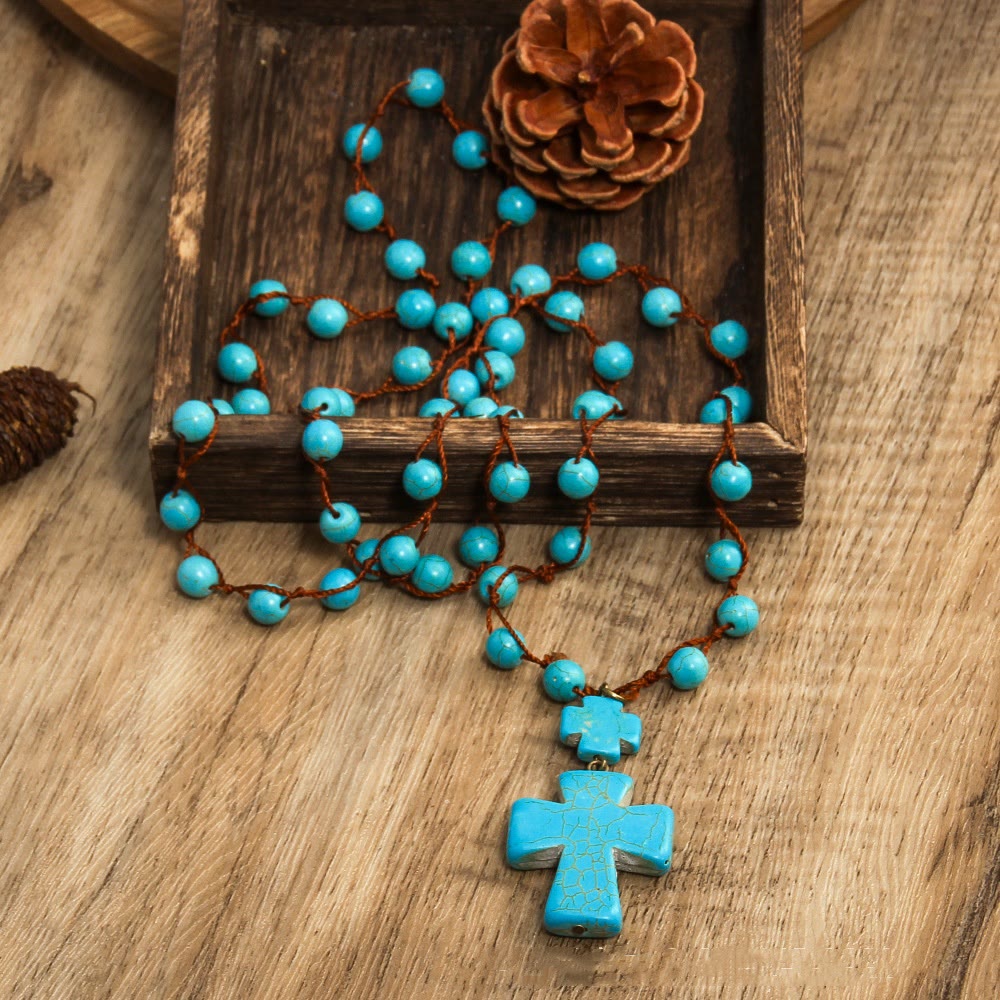 Christianartworkshop Folk Style Turquoise Braided Cross Pendant Necklace - Blue - image 1