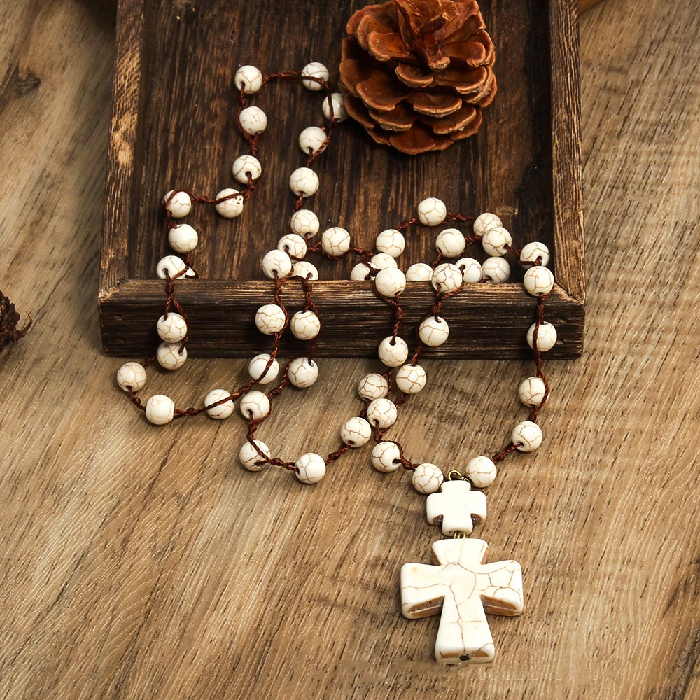 Christianartworkshop Folk Style Turquoise Braided Cross Pendant Necklace - White - image 2