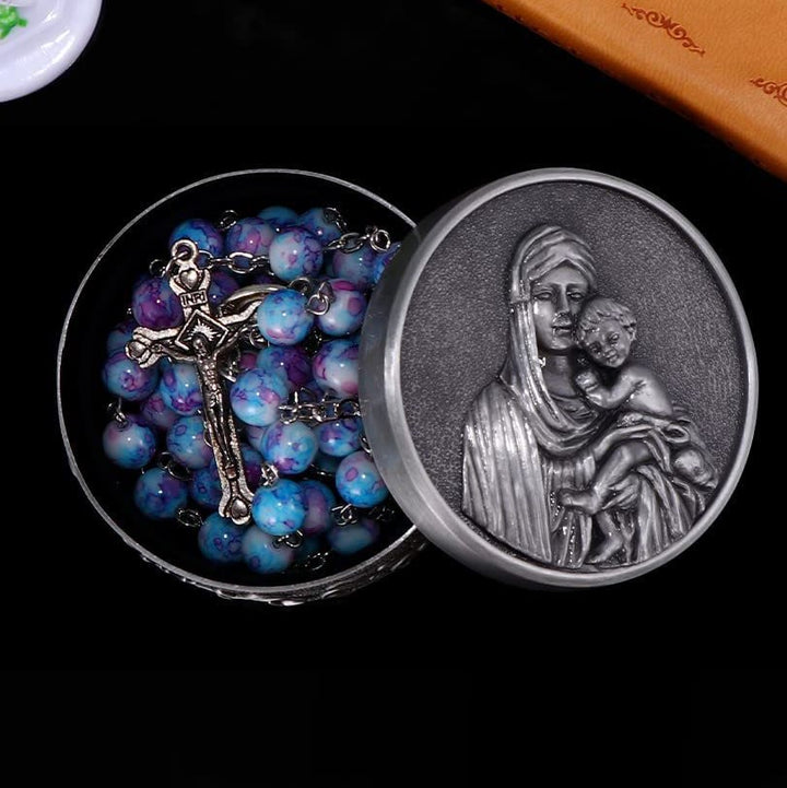 Christianartworkshop Madonna and Child & Crucifix of 8 mm Round Multicolor Acrylic Alloy Chain Rosary - Blue Purple Tone - image 1
