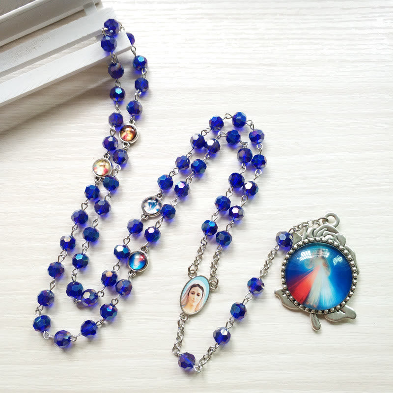 Christianartworkshop Our Lady of Fátima & Sacred Heart of Jesus of 6 mm Polyhedron Blue Crystal Alloy Chain Rosary - Blue - image 1