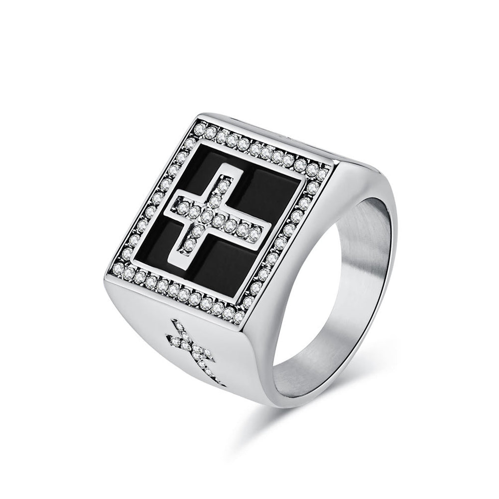 Christianartworkshop Retro Hip-hop Style Cross Titanium Steel Square Ring - image 1