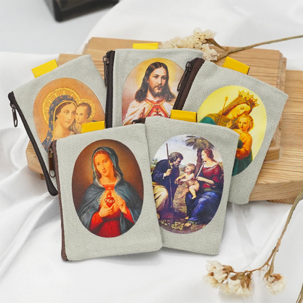 Christianartworkshop Retro Classic Style Jesus & Our Lady Colorful Holy Saint Icon Jewelry Pouches Storage Bag - All Style (8 pouches) - image 0