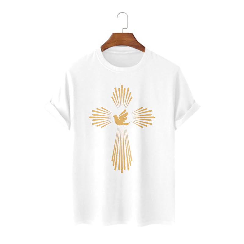 Christianartworkshop Minimalist Style Holy Spirit Dove Golden Cross and Short Sleeve T-shirt - White - 2XL - image 4