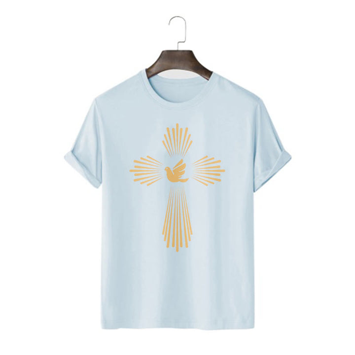 Christianartworkshop Minimalist Style Holy Spirit Dove Golden Cross and Short Sleeve T-shirt - Blue - 2XL - image 18