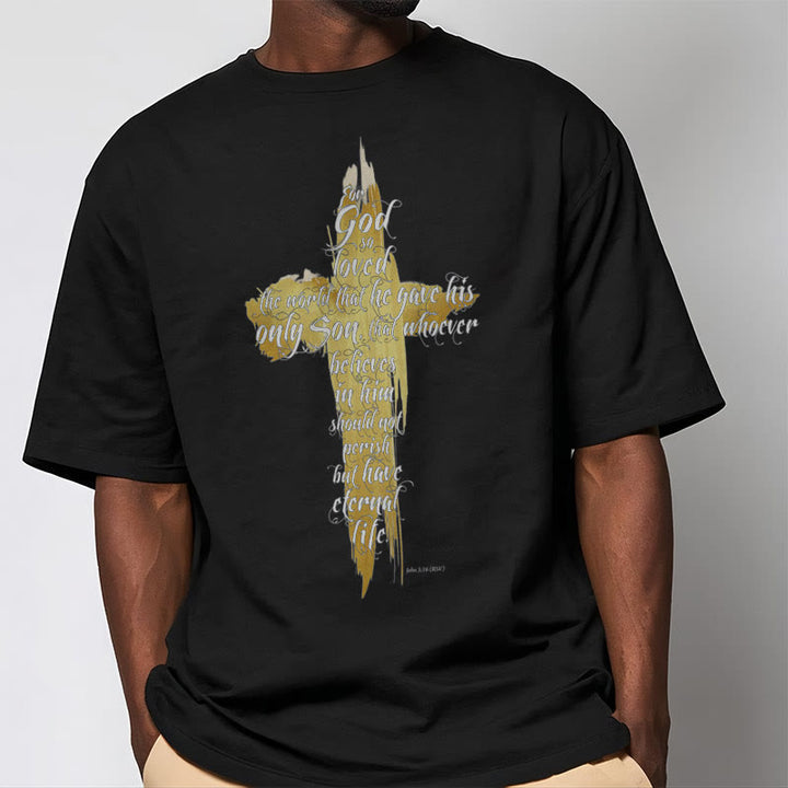 Christianartworkshop Quotation Style Golden Cross Scripture - John 3:16 Short Sleeve T-shirt - image 4