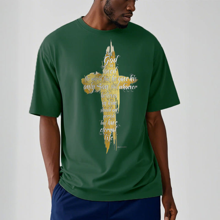Christianartworkshop Quotation Style Golden Cross Scripture - John 3:16 Short Sleeve T-shirt - image 11
