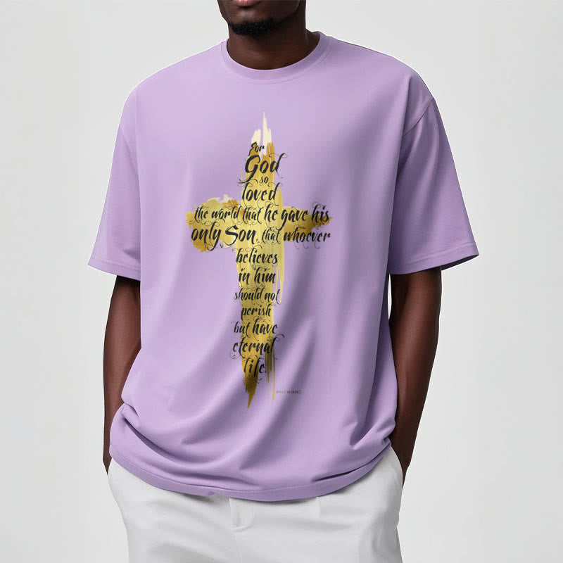 Christianartworkshop Quotation Style Golden Cross Scripture - John 3:16 Short Sleeve T-shirt - image 17