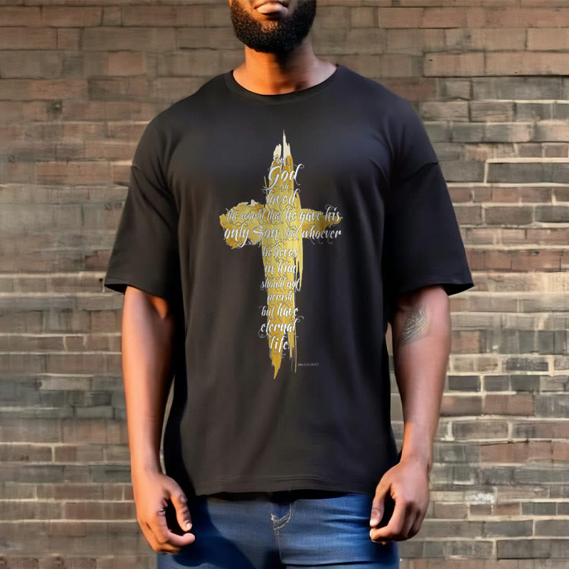 Christianartworkshop Quotation Style Golden Cross Scripture - John 3:16 Short Sleeve T-shirt - image 6