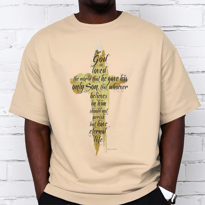 Christianartworkshop Quotation Style Golden Cross Scripture - John 3:16 Short Sleeve T-shirt - image 9
