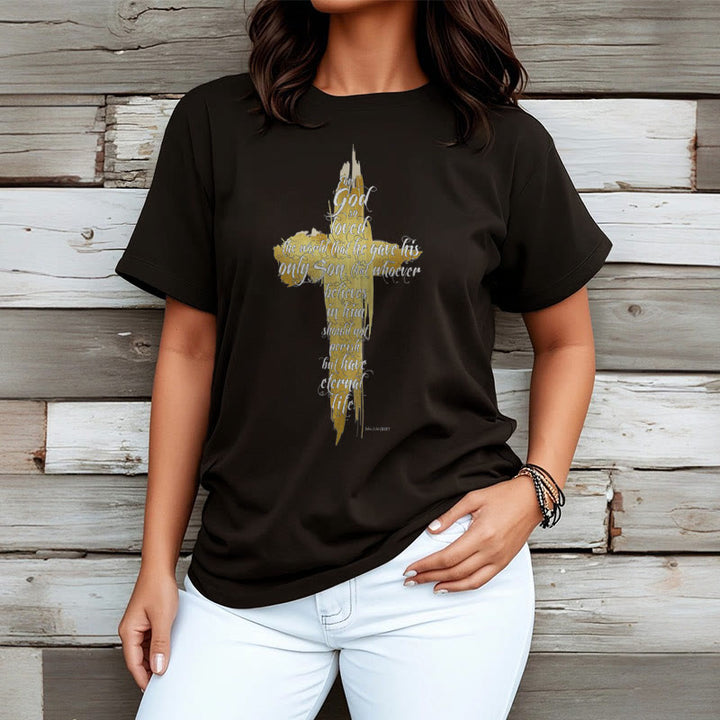 Christianartworkshop Quotation Style Golden Cross Scripture - John 3:16 Short Sleeve T-shirt - image 5