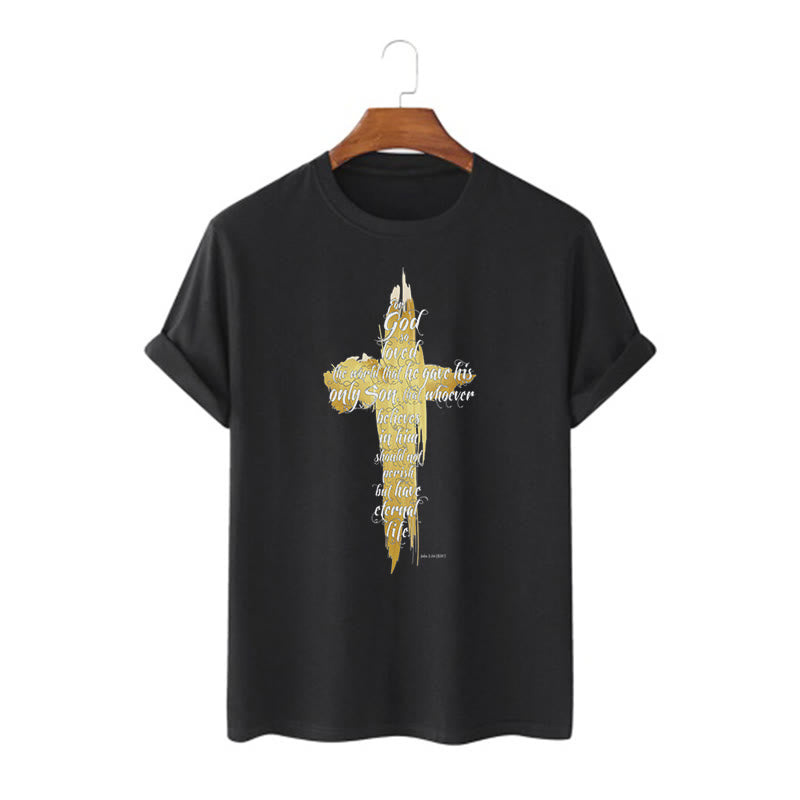 Christianartworkshop Quotation Style Golden Cross Scripture - John 3:16 Short Sleeve T-shirt - Black - 2XL - image 3