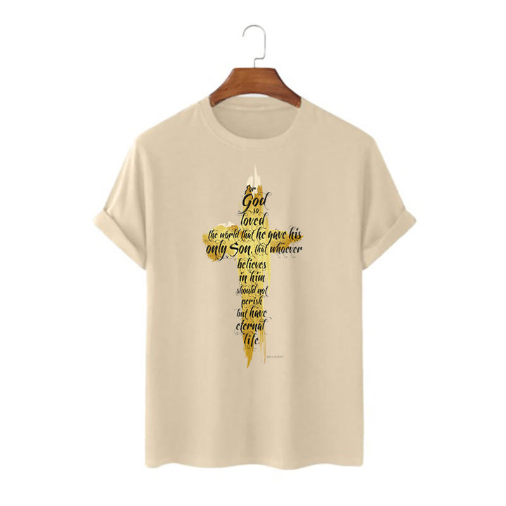 Christianartworkshop Quotation Style Golden Cross Scripture - John 3:16 Short Sleeve T-shirt - Khaki - 2XL - image 7