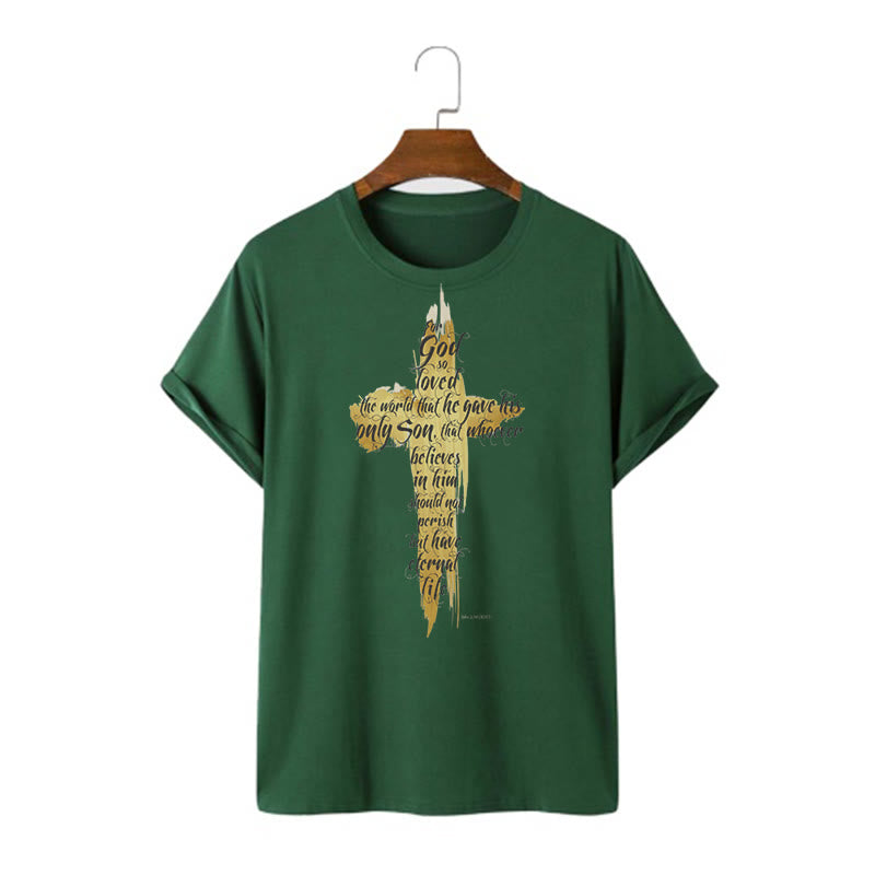 Christianartworkshop Quotation Style Golden Cross Scripture - John 3:16 Short Sleeve T-shirt - Dark Green - 2XL - image 10