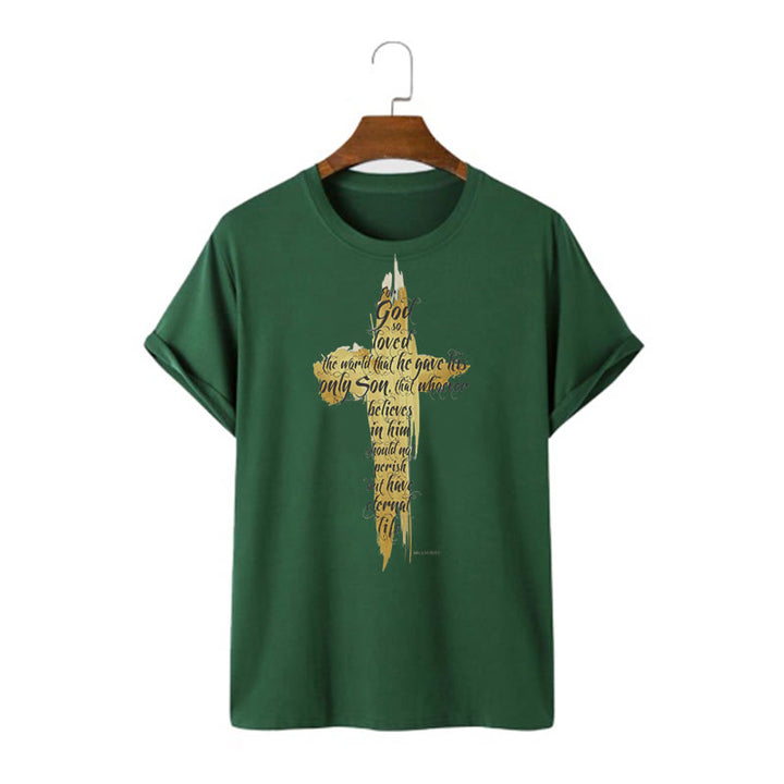 Christianartworkshop Quotation Style Golden Cross Scripture - John 3:16 Short Sleeve T-shirt - Dark Green - 2XL - image 10