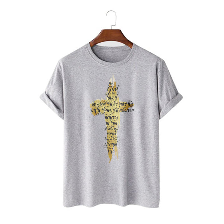 Christianartworkshop Quotation Style Golden Cross Scripture - John 3:16 Short Sleeve T-shirt - Grey - 2XL - image 19