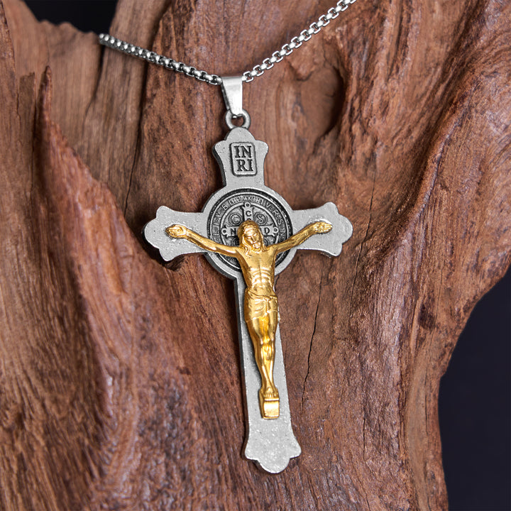 Christianartworkshop Classic Style St. Benedict Icon Jesus Crucifix Alloy Pendant Necklace - Jesus Cross - Sideways Chain - image 0