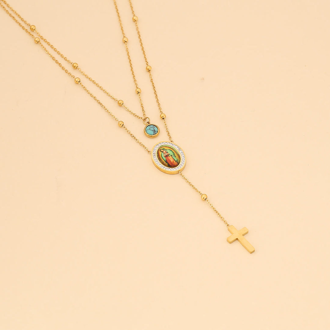 Christianartworkshop Minimalist Style Double Layered Our Lady of Guadalupe Turquoise Cross Necklace - image 1