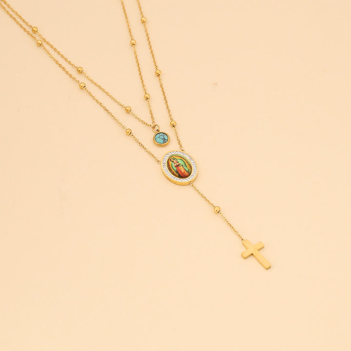 Christianartworkshop Minimalist Style Double Layered Our Lady of Guadalupe Turquoise Cross Necklace - image 1