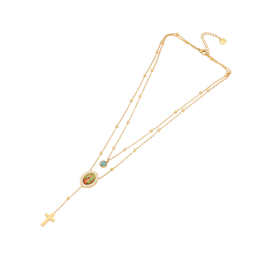 Christianartworkshop Minimalist Style Double Layered Our Lady of Guadalupe Turquoise Cross Necklace - image 3