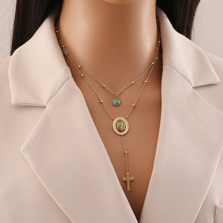 Christianartworkshop Minimalist Style Double Layered Our Lady of Guadalupe Turquoise Cross Necklace - Layered Chain - image 0