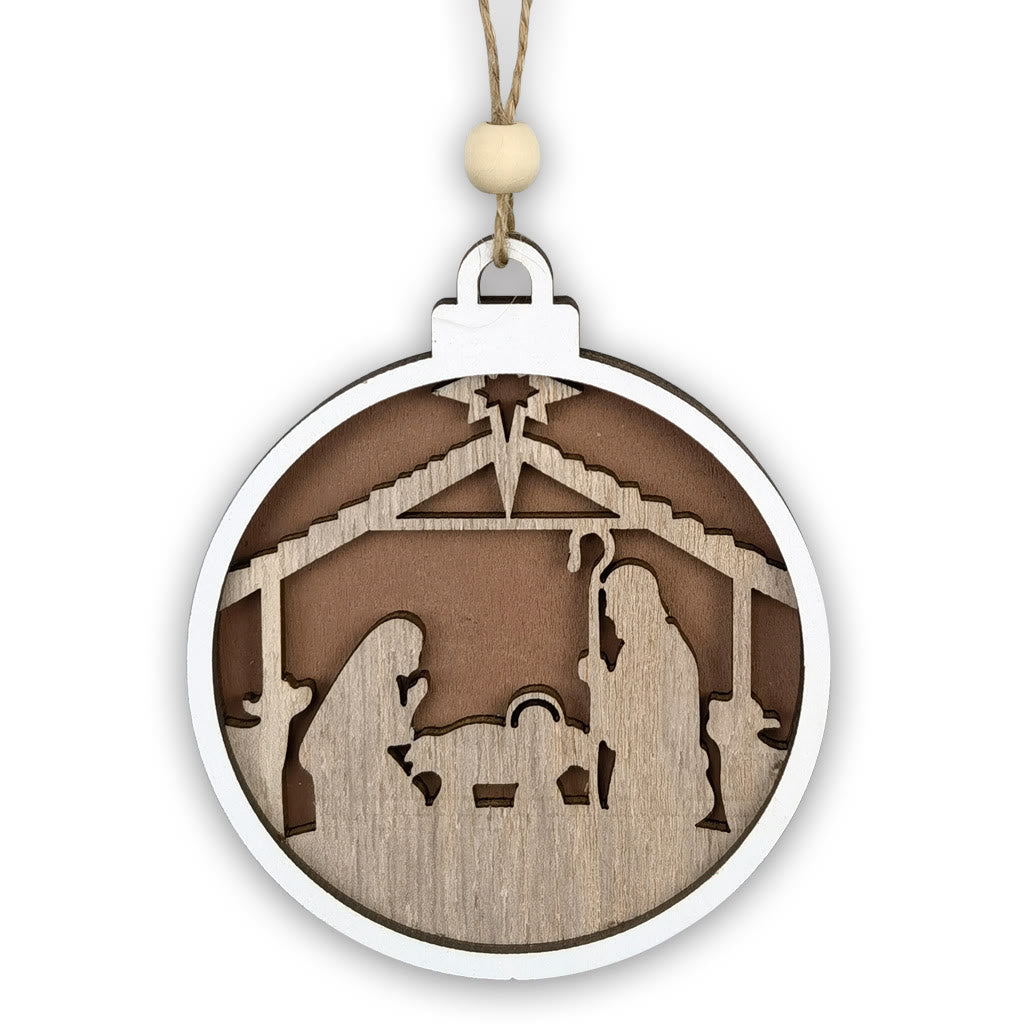 Christianartworkshop Minimalist Style Layered Wooden Jesus Nativity Scene Pendant Christmas Nativity Hanging Ornaments - image 1