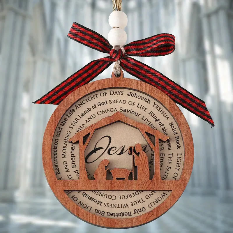 Christianartworkshop Rustic Style Wooden Layered Nativity Scene Jesus Titles Christmas Nativity Hanging Ornaments - Nativity Scene - image 0