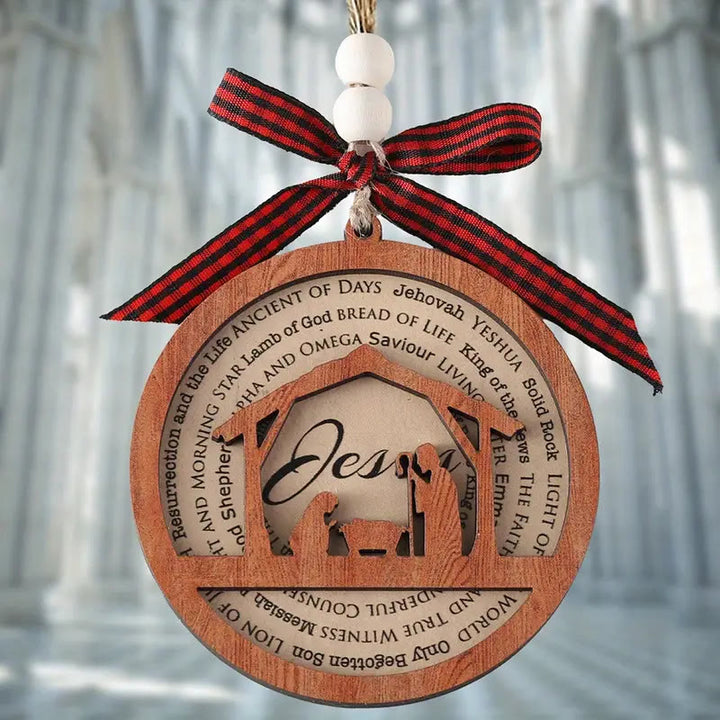 Christianartworkshop Rustic Style Wooden Layered Nativity Scene Jesus Titles Christmas Nativity Hanging Ornaments - Nativity Scene - image 0