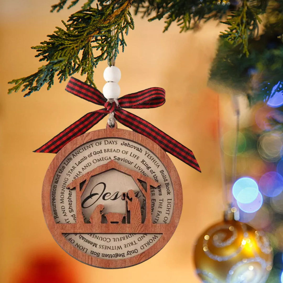 Christianartworkshop Rustic Style Wooden Layered Nativity Scene Jesus Titles Christmas Nativity Hanging Ornaments - image 2