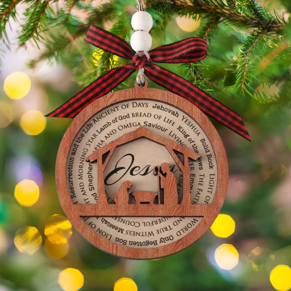 Christianartworkshop Rustic Style Wooden Layered Nativity Scene Jesus Titles Christmas Nativity Hanging Ornaments - image 1