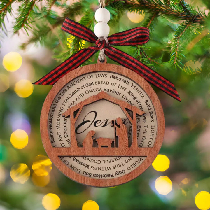 Christianartworkshop Rustic Style Wooden Layered Nativity Scene Jesus Titles Christmas Nativity Hanging Ornaments - image 1