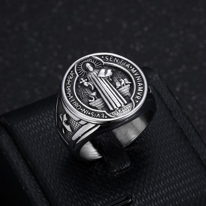Christianartworkshop Classic Retro St. Benedict Faith Protection Crafted Titanium Steel Ring - Silver-black - US13 - image 4
