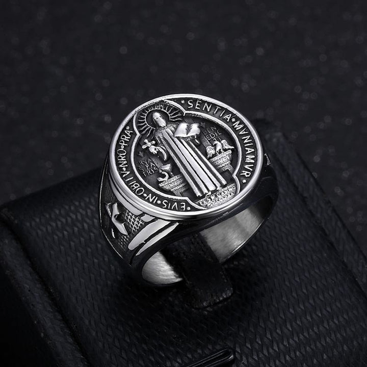 Christianartworkshop Classic Retro St. Benedict Faith Protection Crafted Titanium Steel Ring - Silver-black - US13 - image 4