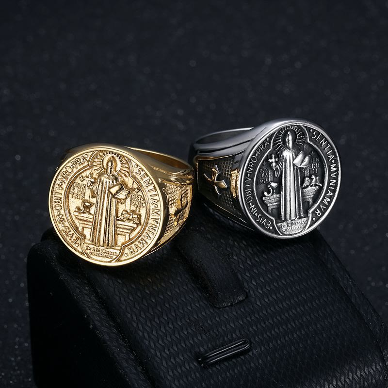 Christianartworkshop Classic Retro St. Benedict Faith Protection Crafted Titanium Steel Ring - image 2
