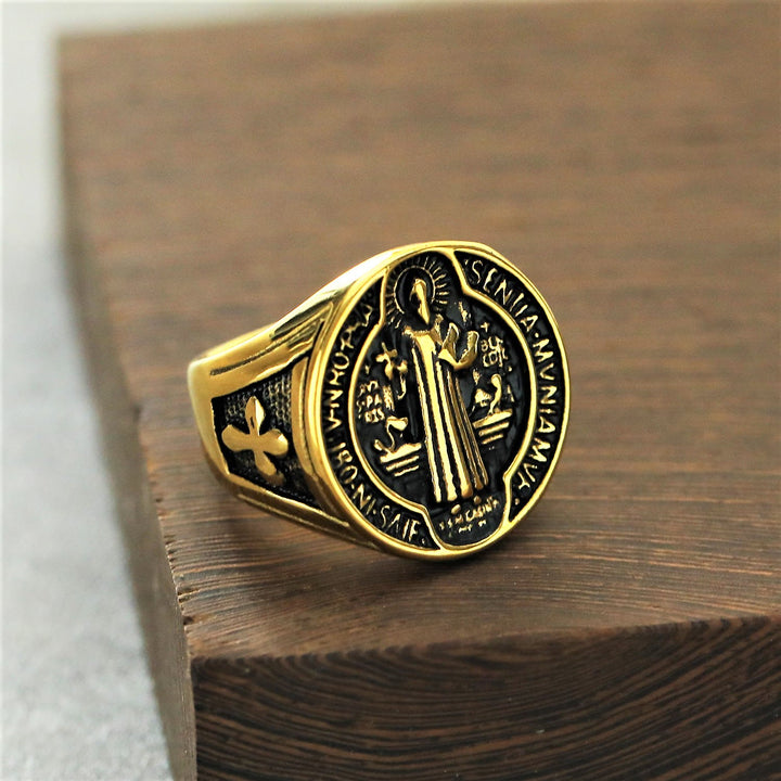 Christianartworkshop Classic Retro St. Benedict Faith Protection Crafted Titanium Steel Ring - Golden-black - US13 - image 6