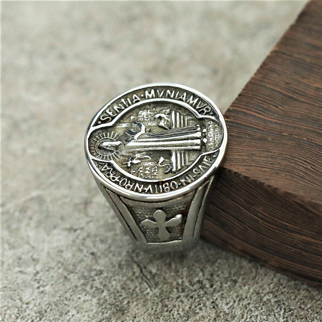 Christianartworkshop Classic Retro St. Benedict Faith Protection Crafted Titanium Steel Ring - Silver - US13 - image 7