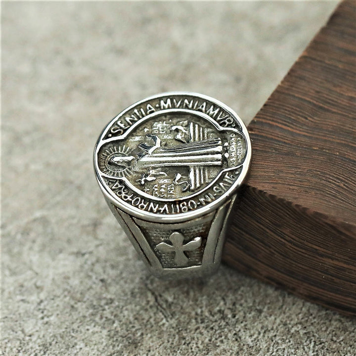 Christianartworkshop Classic Retro St. Benedict Faith Protection Crafted Titanium Steel Ring - Silver - US13 - image 7