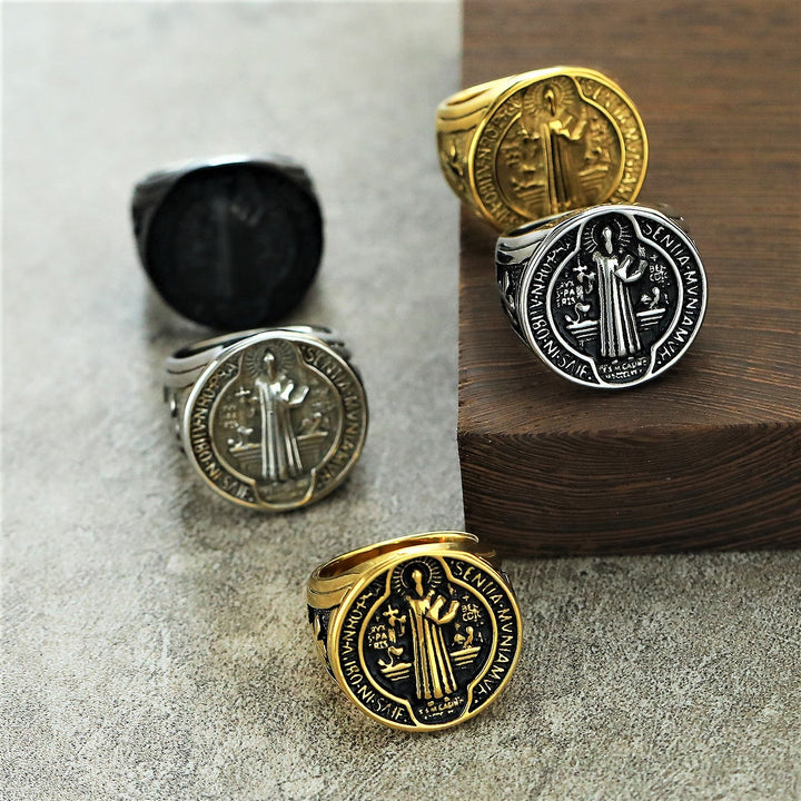 Christianartworkshop Classic Retro St. Benedict Faith Protection Crafted Titanium Steel Ring - Golden - US7 - image 1