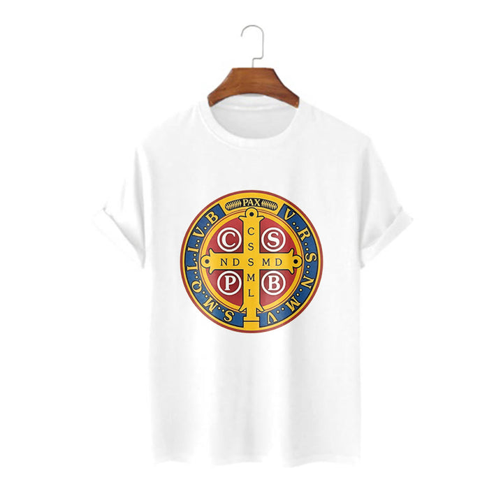Christianartworkshop Classic Style Golden St. Benedict Medal Short Sleeve T-shirt - White - 2XL - image 5