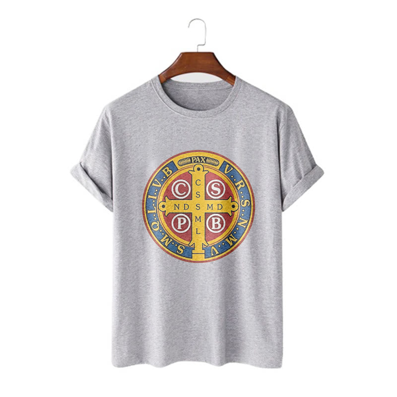 Christianartworkshop Classic Style Golden St. Benedict Medal Short Sleeve T-shirt - Grey - 2XL - image 18