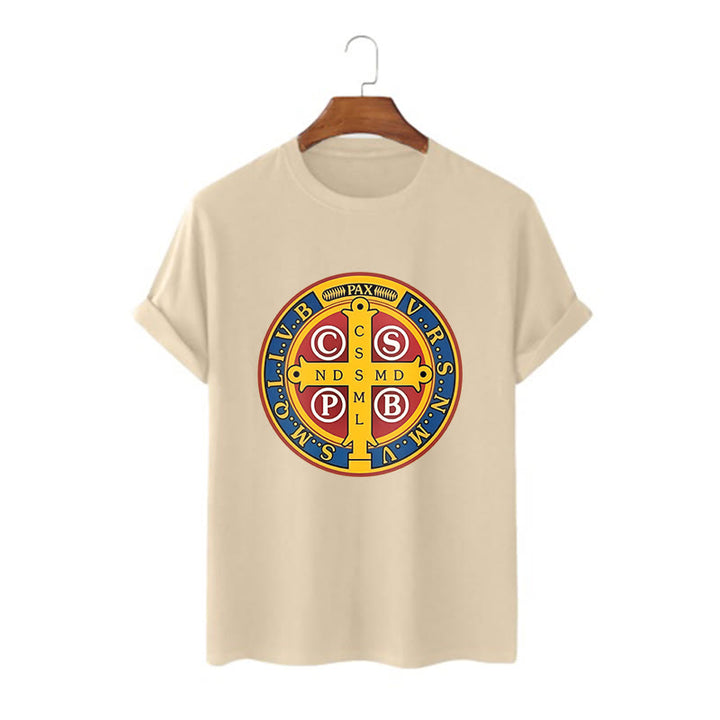 Christianartworkshop Classic Style Golden St. Benedict Medal Short Sleeve T-shirt - Khaki - 2XL - image 7