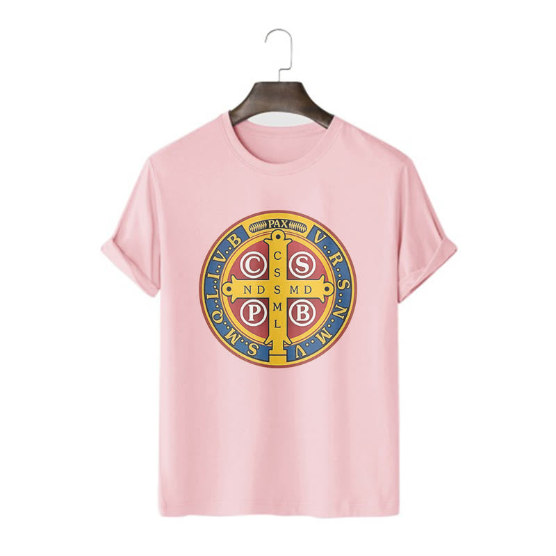 Christianartworkshop Classic Style Golden St. Benedict Medal Short Sleeve T-shirt - Pink - 2XL - image 13