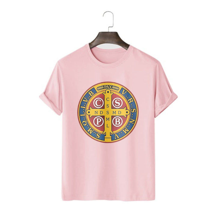 Christianartworkshop Classic Style Golden St. Benedict Medal Short Sleeve T-shirt - Pink - 2XL - image 13