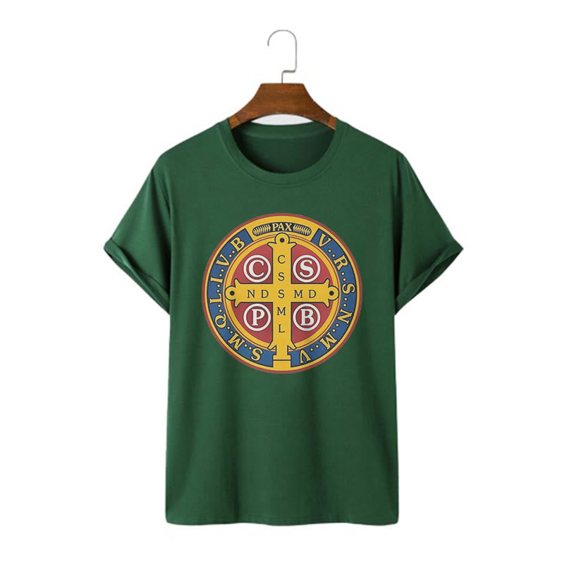Christianartworkshop Classic Style Golden St. Benedict Medal Short Sleeve T-shirt - Dark Green - 2XL - image 10