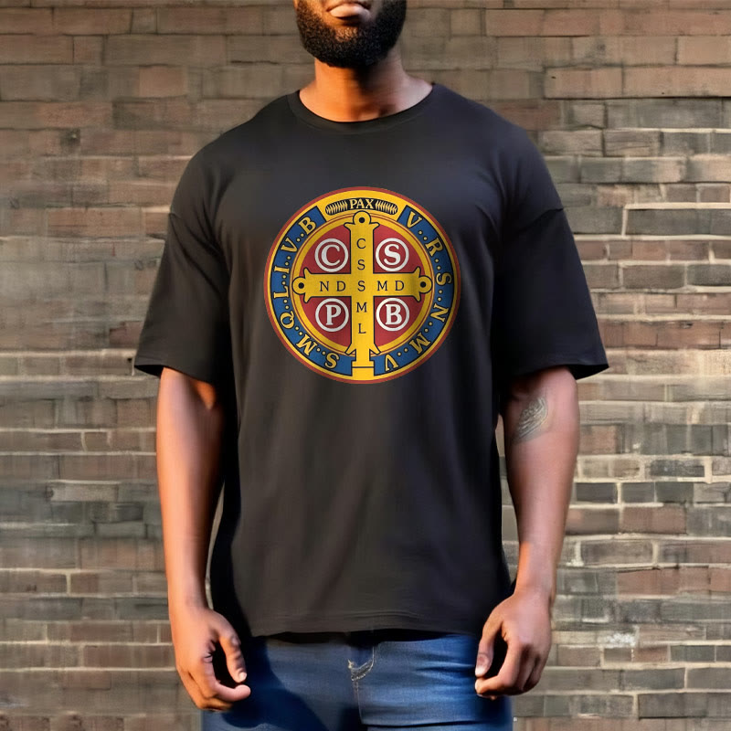 Christianartworkshop Classic Style Golden St. Benedict Medal Short Sleeve T-shirt - image 3