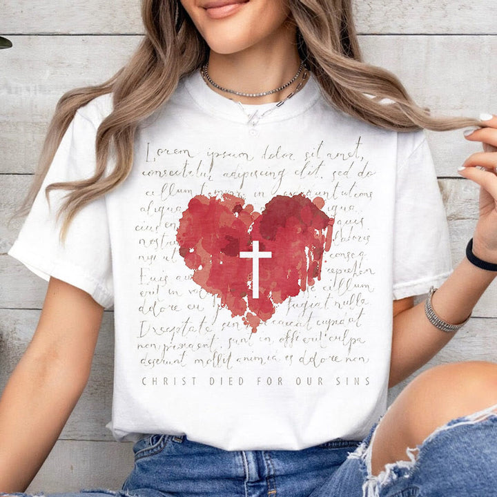 Christianartworkshop Fresh Style Cross and Heart Short Sleeve T-shirt - image 2