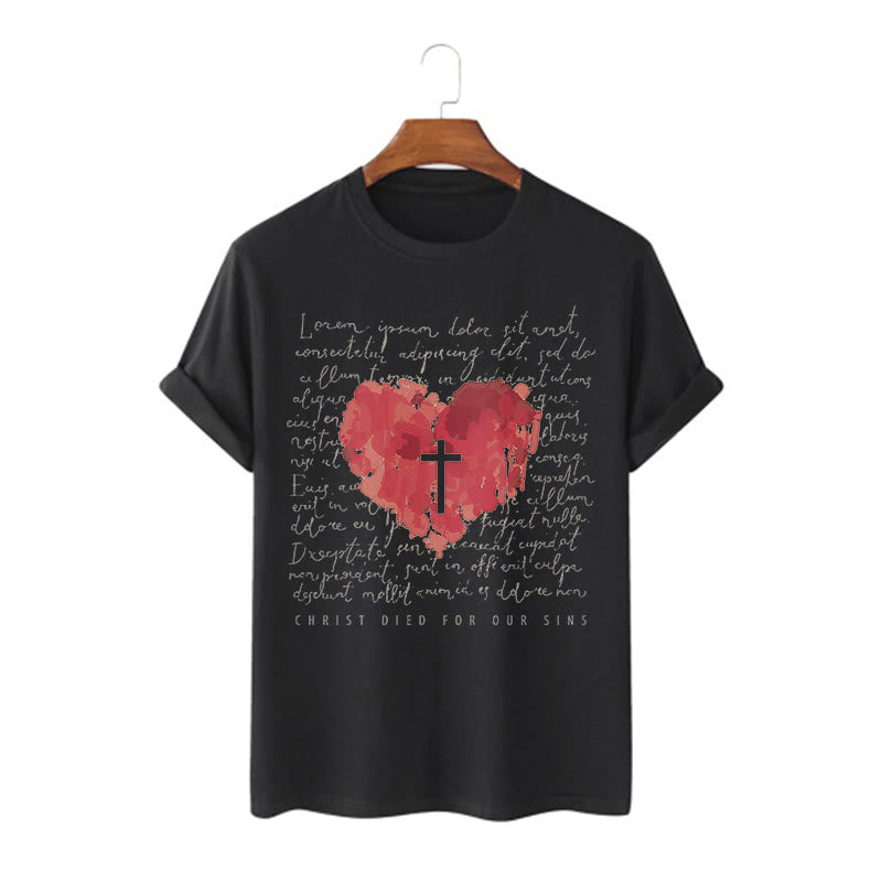 Christianartworkshop Fresh Style Cross and Heart Short Sleeve Washed T-shirt - Black - 2XL - image 5